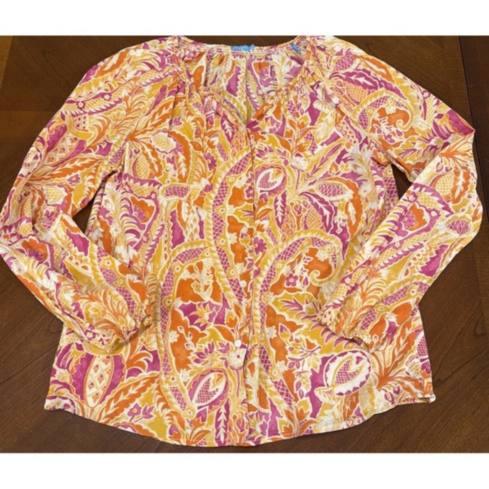 J.McLaughlin Peasant Blouse Orange Pink Paisley Floral‎ Silk Cotton Size S